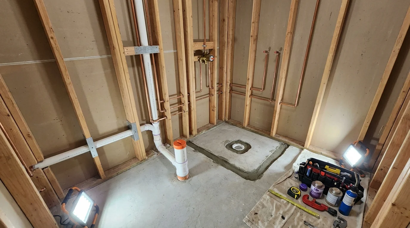 Bathroom rough-in plumbing during remodel by Johns Plumbing LLC in Islip Terrace