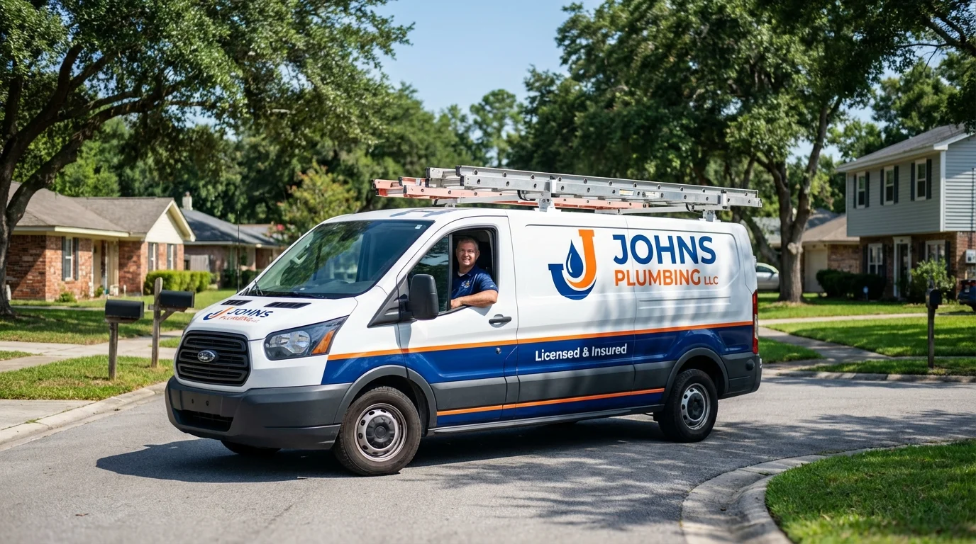 Johns Plumbing LLC service van in Islip Terrace, NY