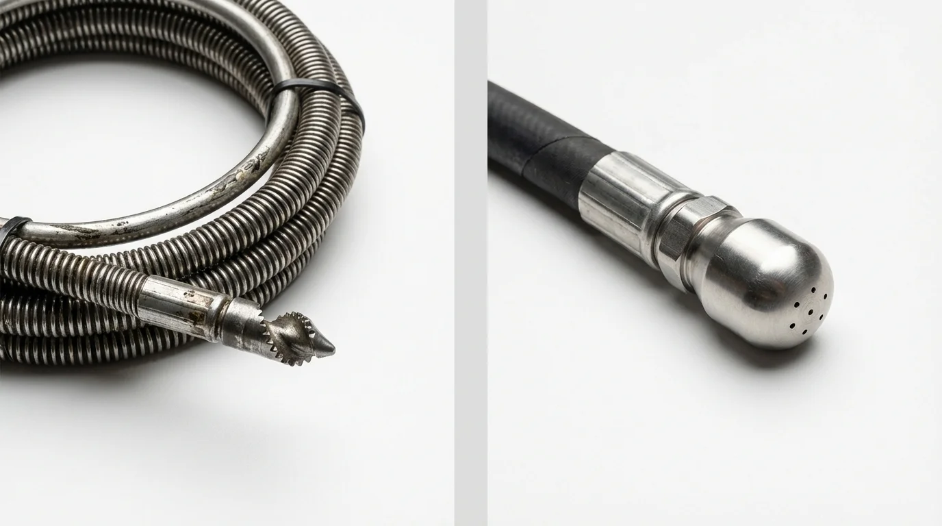 Drain snake cable and hydro jetting nozzle used for drain cleaning in Islip Terrace, NY