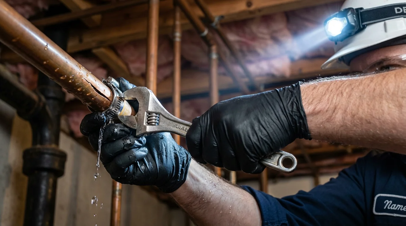 Emergency pipe clamp repair being performed by a Johns Plumbing LLC plumber in Islip Terrace