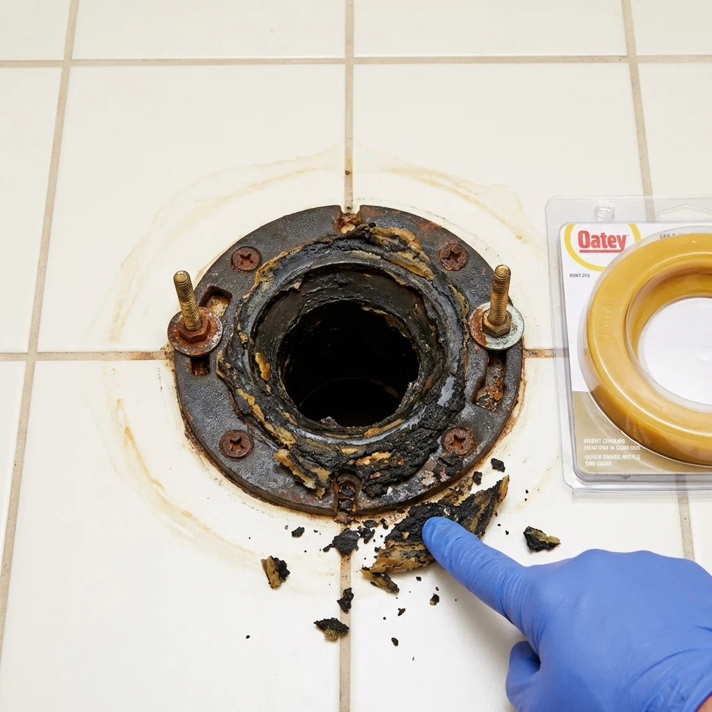 Failed wax ring showing water seepage at the base of a toilet in a Islip Terrace, NY home