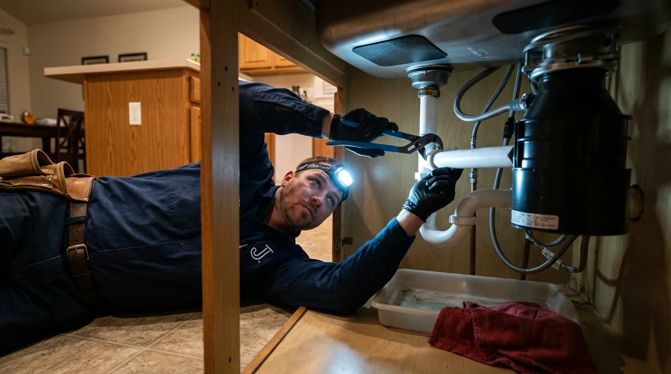 P-trap and supply line connections under a kitchen sink showing a common leak point in Islip Terrace, NY